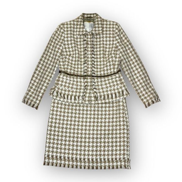 Allen Schwartz Houndstooth Wool Blend Cream Tan Gold Blazer Skirt Suit Womens 8 - Picture 1 of 16